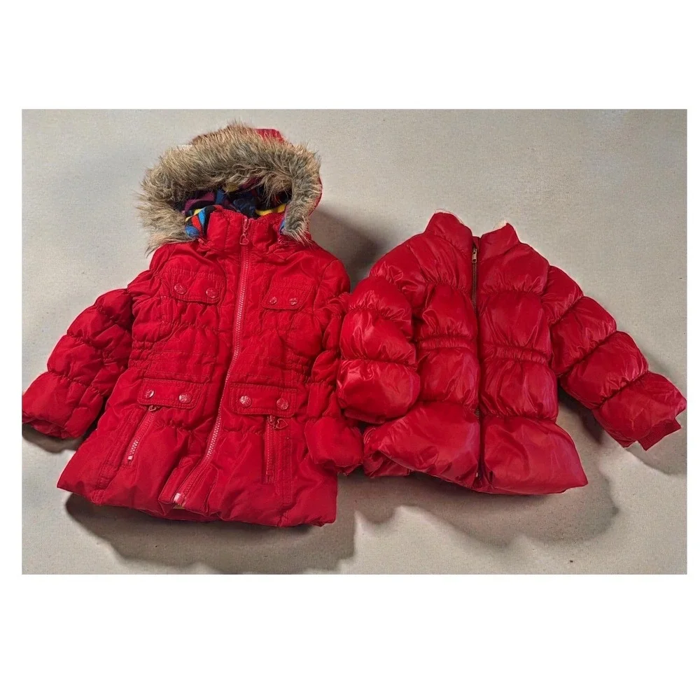 Girls Winter Red Puffer Coats‎ Snowsuit Jean Jacket Hats Gloves Bib Cup 18 24